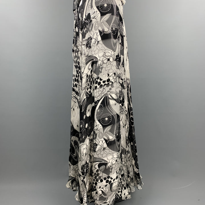 NAEEM KHAN Size 6 Black & White Floral Silk Beaded Halter Gown
