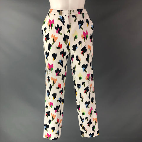 ESCADA Taille 4 Pantalon de costume floral abstrait en mélange de coton multicolore blanc