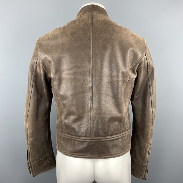 ARMANI JEANS Size S Brown Leather Zip Up Distressed Jacket