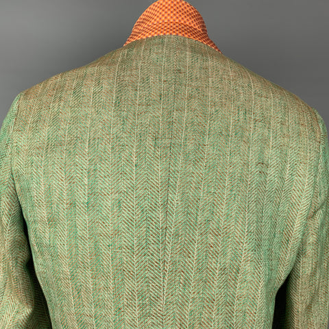 ETRO Superleggera Size 40 Green & Tan Herringbone Cotton / Linen Notch Lapel Sport Coat