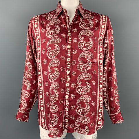 GIORGIO ARMANI Size L Burgundy & White Paisley Silk Button Up Long Sleeve Shirt