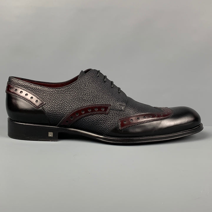 LOUIS VUITTON Size 11.5 Black Burgundy Textured Leather Wingtip Lace Up Shoes