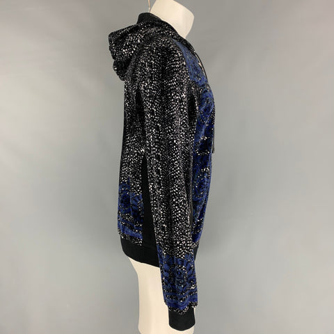 VERSACE Size L Black & White Velvet Cotton / Polyamide Hooded Cardigan