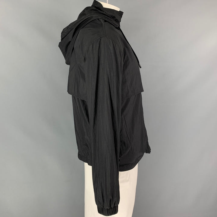 PACO RABANNE Size L Black Nylon Full Zip Drawstring Hooded Jacket