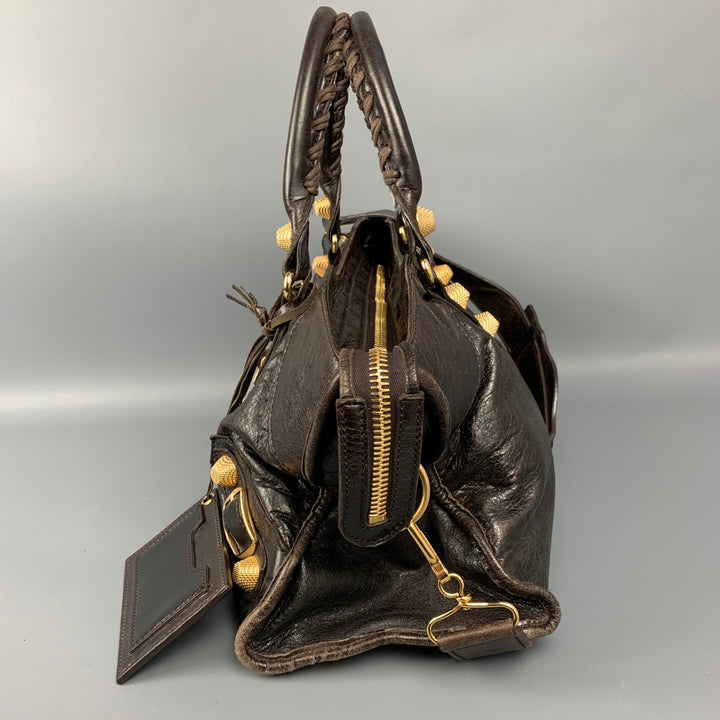 BALENCIAGA City Giant Studs Medium Brown Leather Satchel Handbag