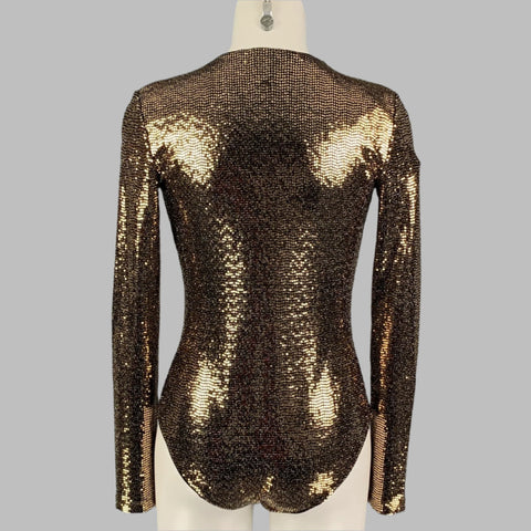GUCCI Size S Gold Black Polyamide Blend Metallic Body Suit Dress Top