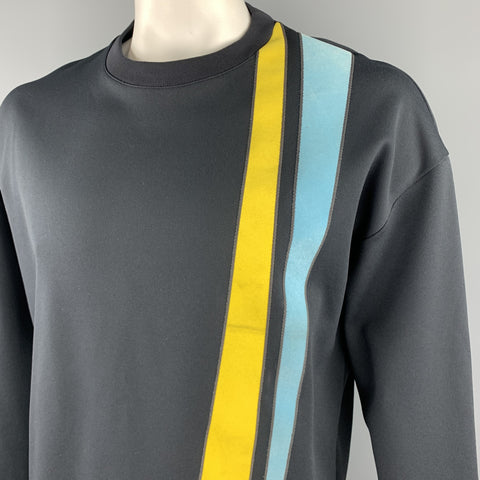 JIL SANDER Size XL Black Yellow And Blue Stripe Crew-Neck Pullover