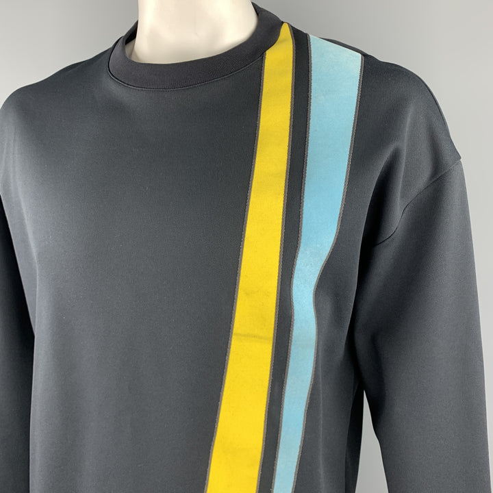 JIL SANDER Talla XL Jersey negro con cuello redondo y rayas amarillas y azules