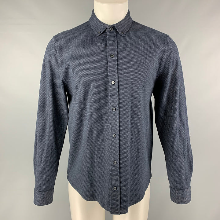 VINCE Size M Navy White Dots Cotton &  Polyester Button Down Long Sleeve Shirt