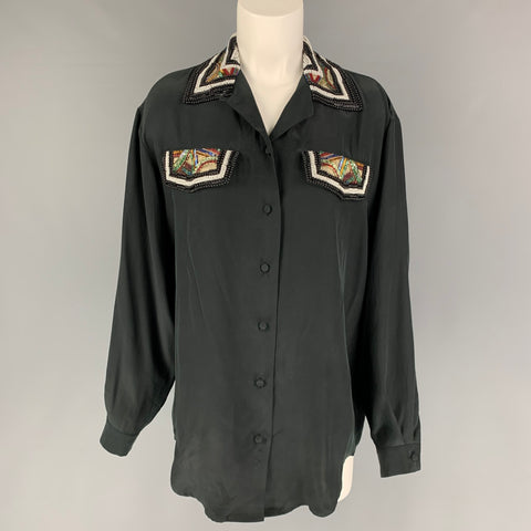 BOB MACKIE Taille 8 Blouse à manches longues en perles de soie noire