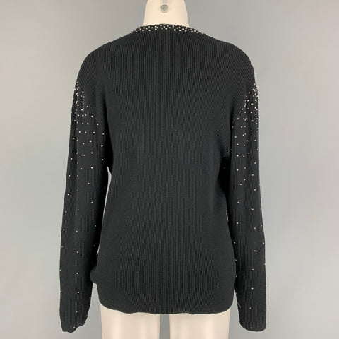 BOB MACKIE Size L Black Cotton Rhinestones V-Neck 2 Piece Cardigan Set