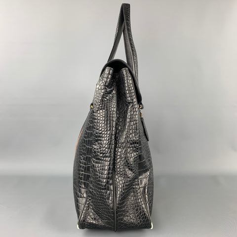 DRIES VAN NOTEN Black & Tan Alligator Embossed Leather Handbag