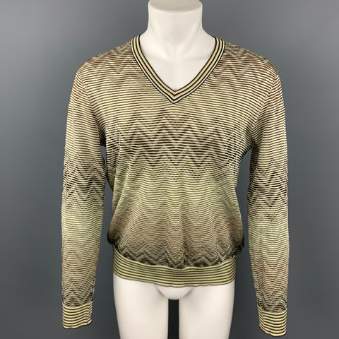 MISSONI Size L Beige & Brown Zig Zag Wool Blend V-Neck Sweater