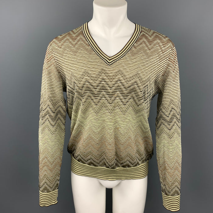 MISSONI Size L Beige & Brown Zig Zag Wool Blend V-Neck Sweater