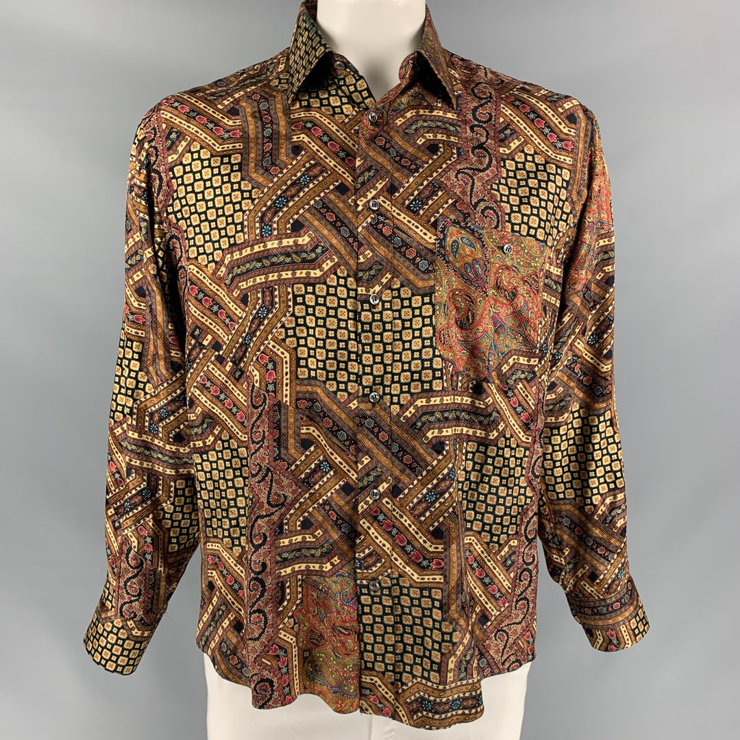 GIORGIO'S PALM BEACH Size L Brown & Gold Print Silk Button Up Long Sleeve Shirt