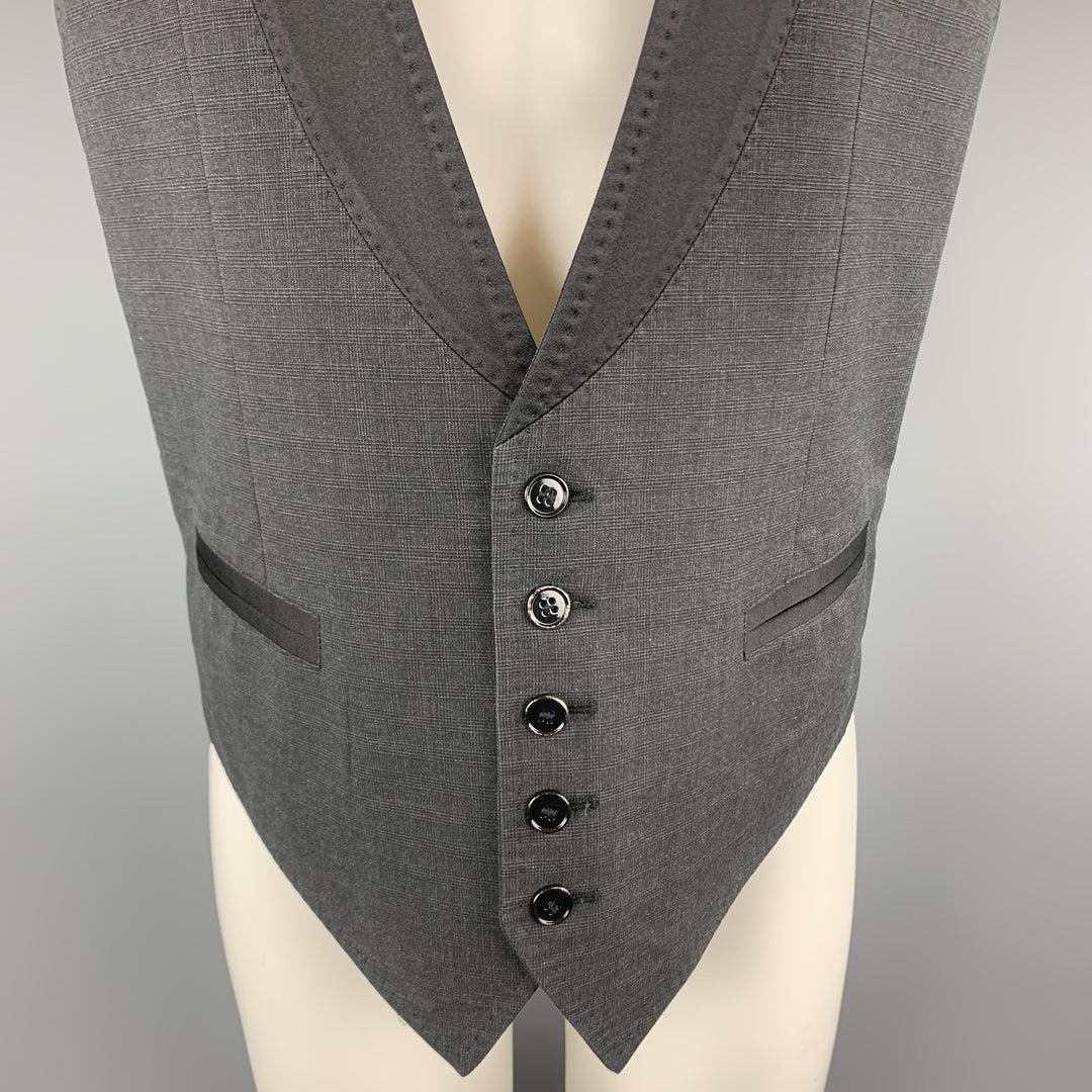 DOLCE & GABBANA Size 40 Charcoal Plaid Black Mock Shawl Collar Tuxedo Vest
