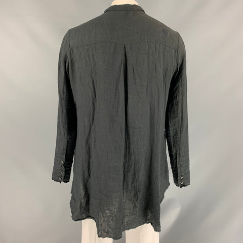 ALEKSANDR MANAMIS Size XL Black Solid Linen Asymmetrical Long Sleeve Shirt