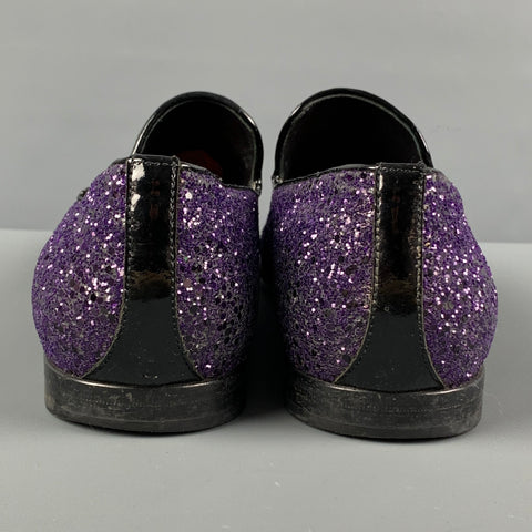 JIMMY CHOO Size 10.5 Purple Black Glitter Leather Slip On Loafers