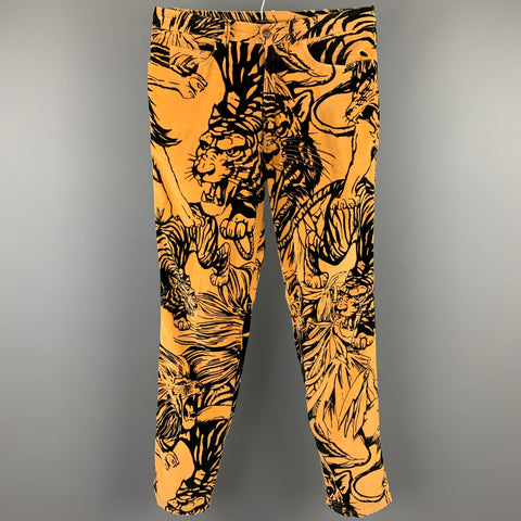 MOSCHINO Talla 34 Pantalones casuales con corte jean de terciopelo con estampado de tigre beige y negro