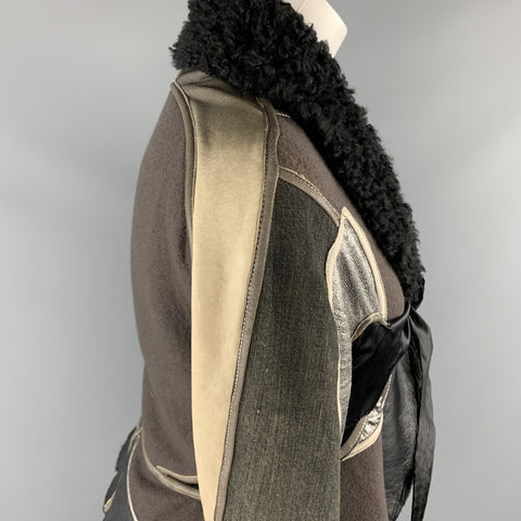 RICK OWENS Size 10 Gray Metallic Leather Patchwork Shearling Collar Tied Jacket