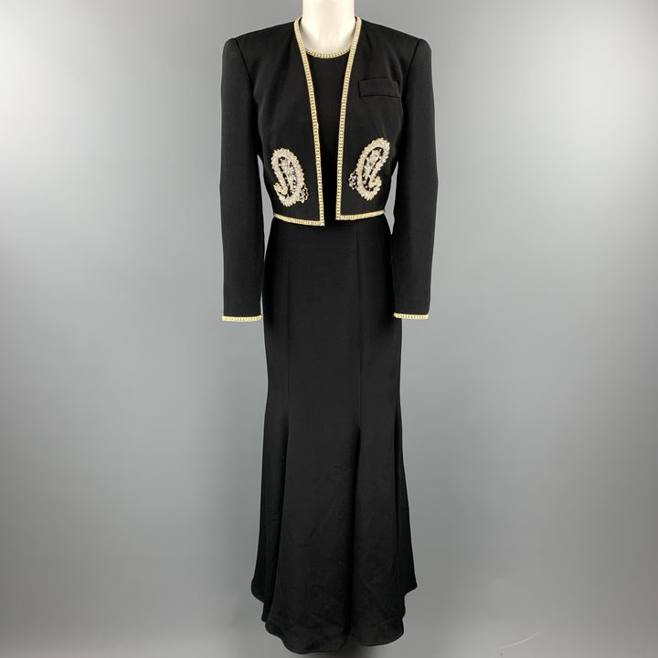 SAKS FIFTH AVENUE Talla 6 Conjunto de vestido negro con adornos de diamantes de imitación y chaqueta corta
