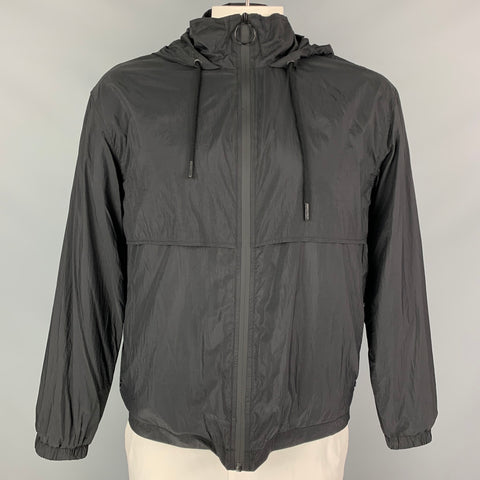 PACO RABANNE Size L Black Nylon Full Zip Drawstring Hooded Jacket