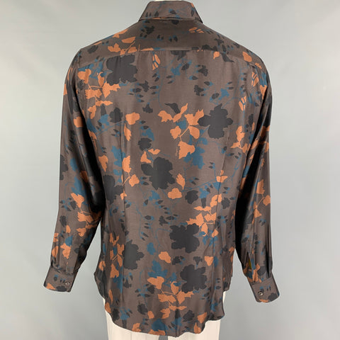 SALVATORE FERRAGAMO Size XL Brown Print Silk Button Up Long Sleeve Shirt