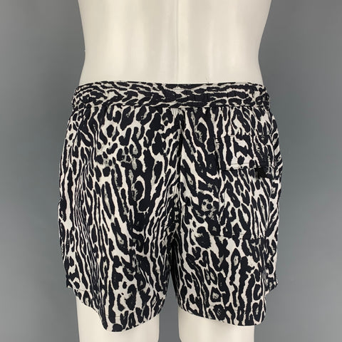 BURBERRY Size M Black White Animal Print Polyamide Drawstring Swim Trunks