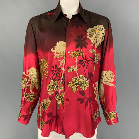 Vintage GUCCI by Tom Ford 2001 Size XL Red Floral Silk Button Up Long Sleeve Shirt