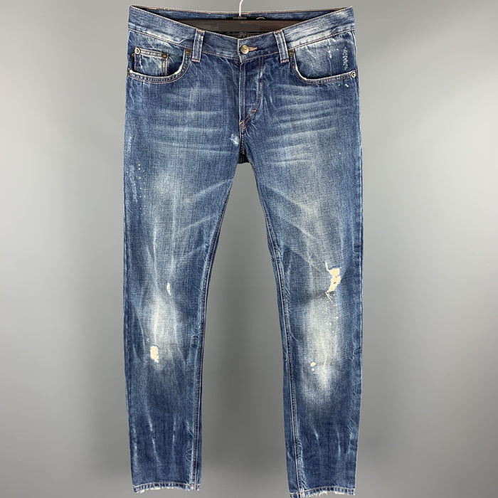 JUST CAVALLI Size 31 Indigo Distressed Denim Button Fly Low Rise Jeans