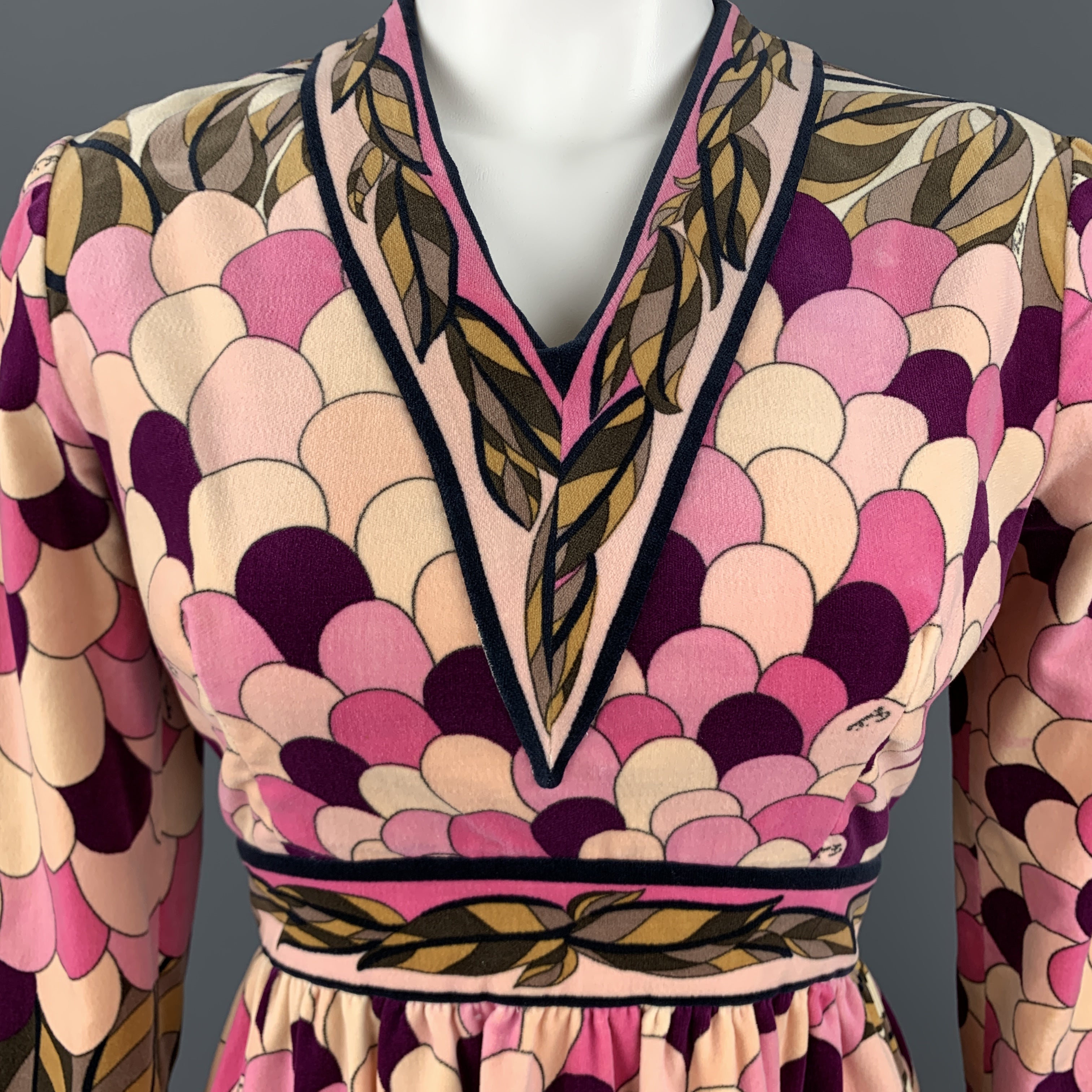 EMILIO PUCCI Vintage Size 10 Pink Print Velvet A Line Long Sleeve
