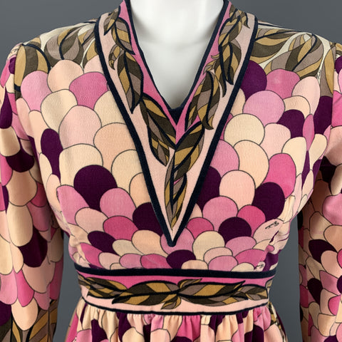 EMILIO PUCCI Vintage Size 10 Pink Print Velvet A Line Long Sleeve Dress