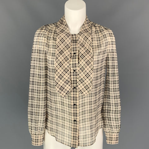 SAINT LAURENT Size S Nude Plaid Silk Pussy Bow Blouse