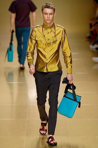 BURBERRY PRORSUM Spring 2008 Size S Mustard Metallic Silk Button Down Long Sleeve Shirt
