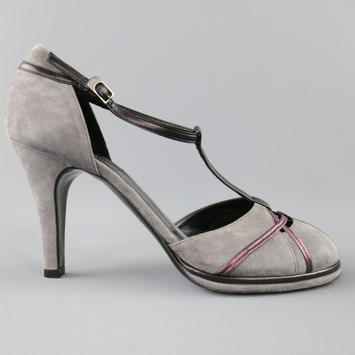 SONIA RYKIEL Size 10 Grey & Purple Suede T-strap Pumps Heels