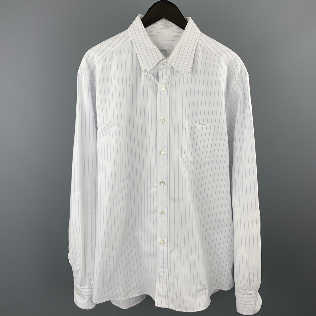 PRADA Size XL White & Blue Pinstripe Cotton Button Down Long Sleeve Shirt