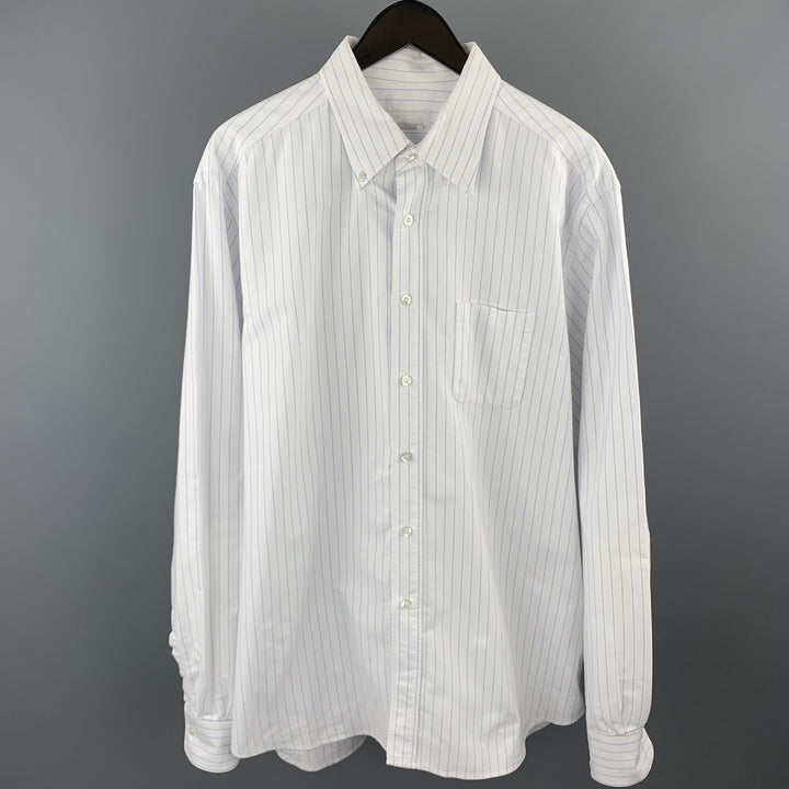 PRADA Taille XL Chemise à manches longues boutonnée en coton à fines rayures blanches et bleues