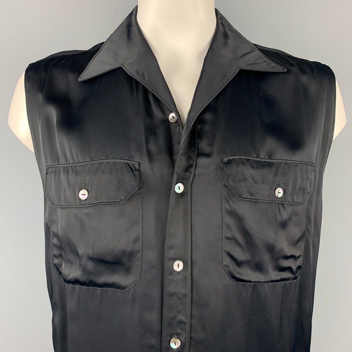 Vintage JEAN PAUL GAULTIER Size L Navy Acetate Patch Pockets Sleeveless Shirt