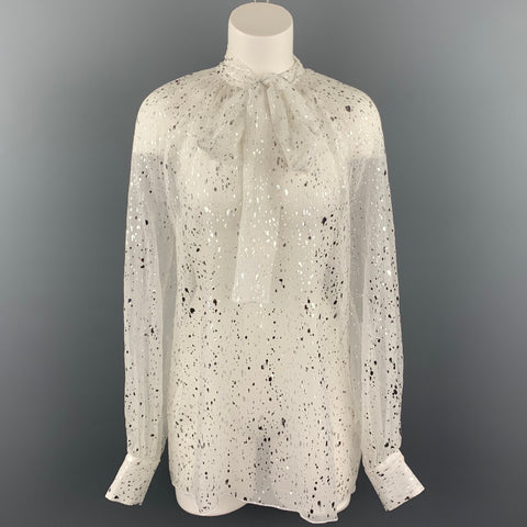 MSGM Size 8 White & Silver Metallic Splatter Silk Bow Collar Blouse