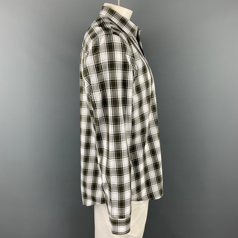MICHAEL KORS Size XL Olive & White Plaid Cotton Button Up Long Sleeve Shirt