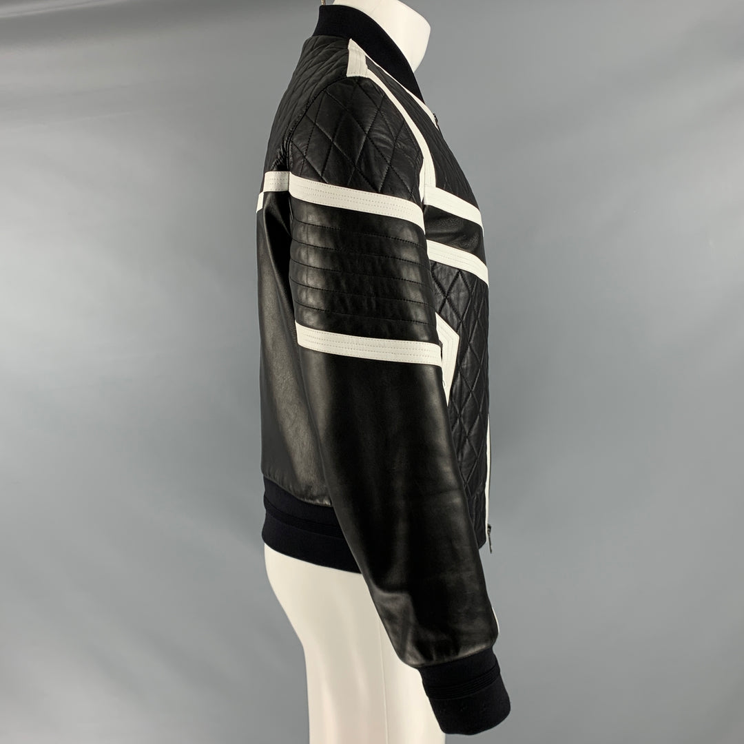 NEIL BARRETT Size M Black White Quilted Leather Zip Up Jacket