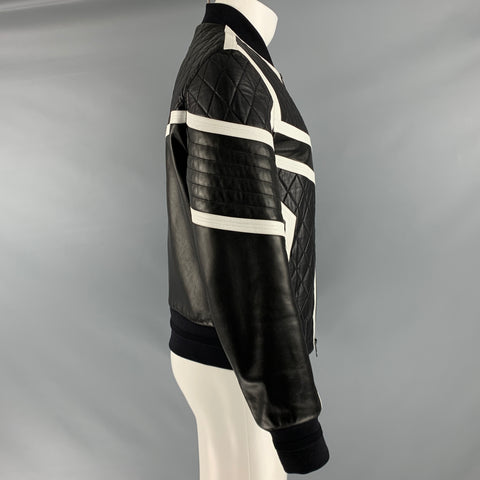 NEIL BARRETT Taille M Veste zippée en cuir matelassé blanc noir
