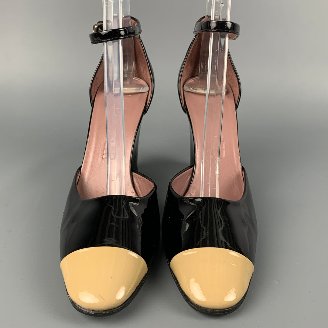 JIL SANDER Talla 6.5 Zapatos de tacón de charol con bloques de color negro y nude