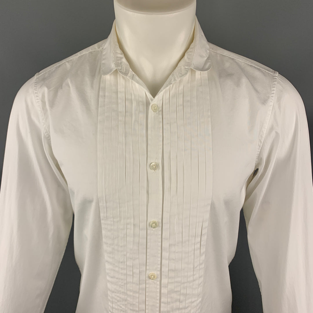 BURBERRY Talla S Camisa de manga larga con botones y cuello doble plisada de algodón blanco