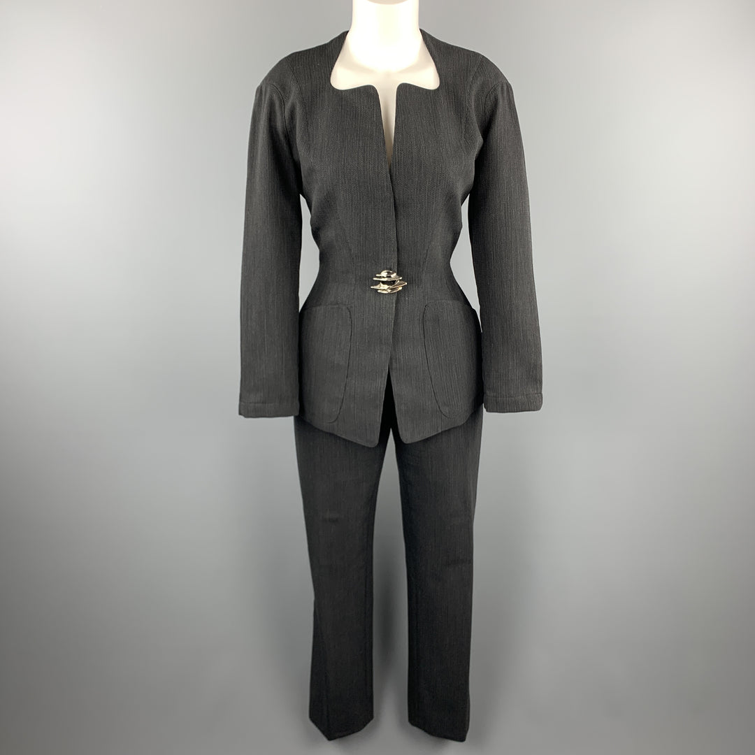 THIERRY MUGLER 8 Grey Striped Wool Silver Brooch Button Pants Suit