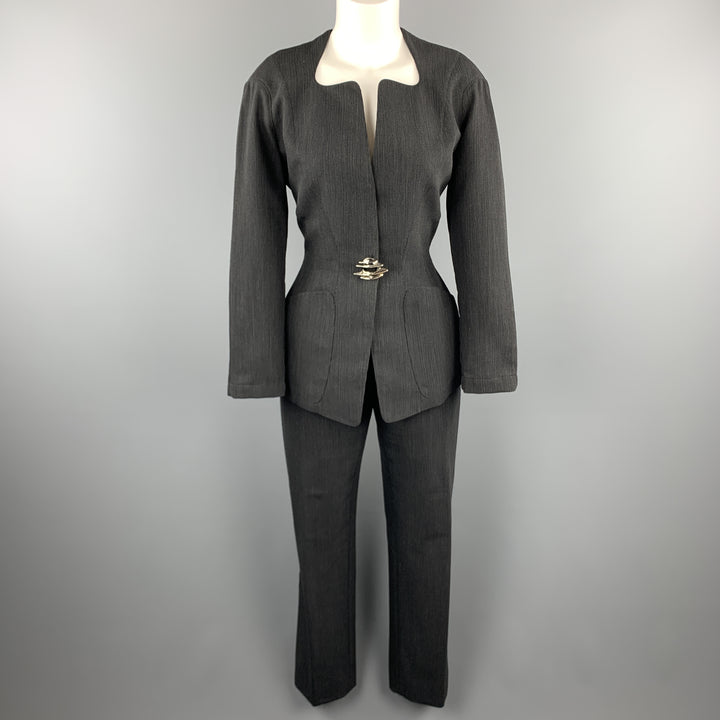 THIERRY MUGLER 8 Grey Striped Wool Silver Brooch Button Pants Suit