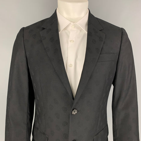 ALEXANDER MCQUEEN Size 38 Black on Black Skull Print Virgin Wool Sport Coat
