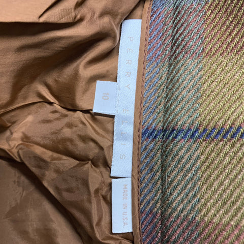 PERRY ELLIS Size 10 Brown &  Grey Wool Plaid Pleated Skirt