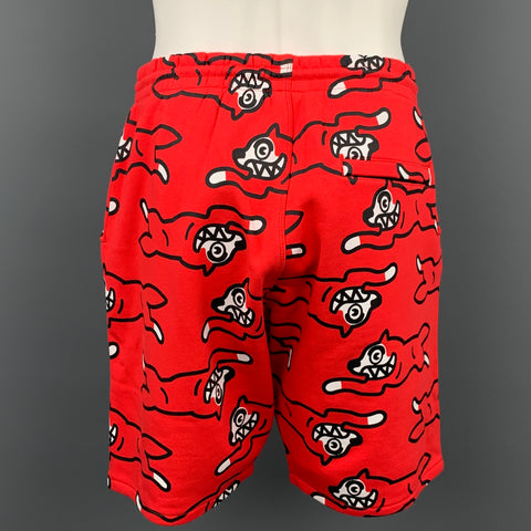 ICECREAM Size L Red & Black Logo Print Cotton Drawstring Shorts