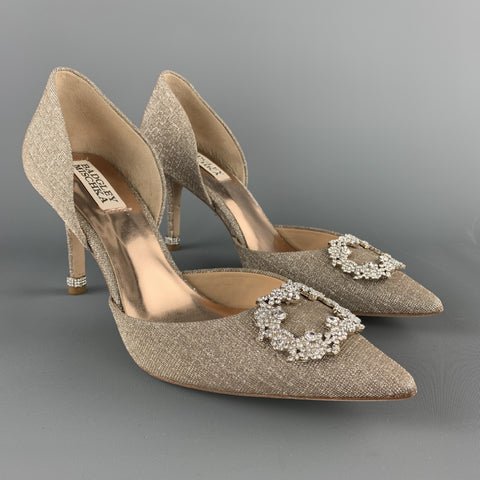 BADGLEY MISCHKA Size 8 Silver Metallic Beige Fabric Rhinestone Buckle D'orsay Pumps
